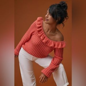 Anthropologie Ruffled Boat Neck sweater sz M waffle knit pink/coral/orange